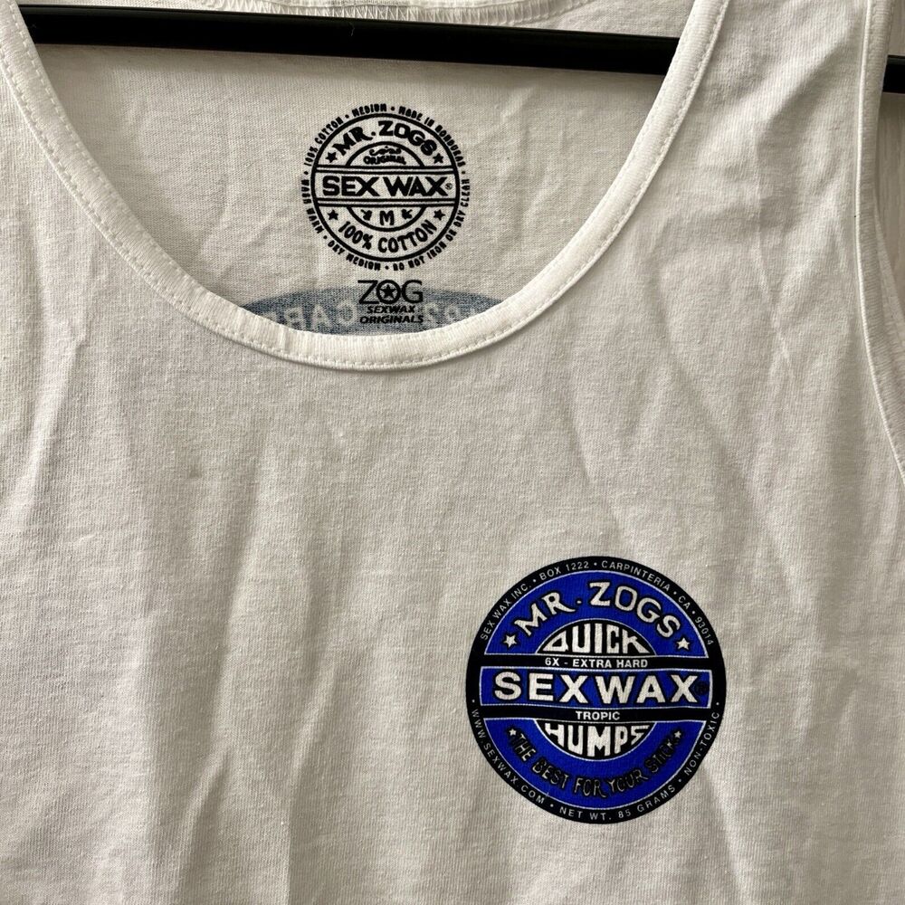 MR ZOGS Original SexWax Quick Humps Men's Tank Top Shirt M White Surfer Beach - Picture 4 of 6
